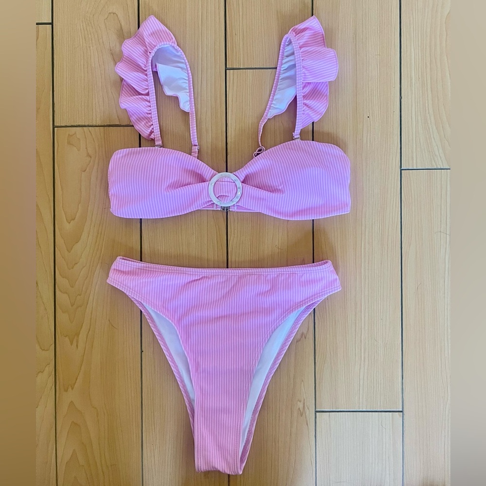Shein Striped Ruffle High Waisted Bikini Swimsuit in Pink